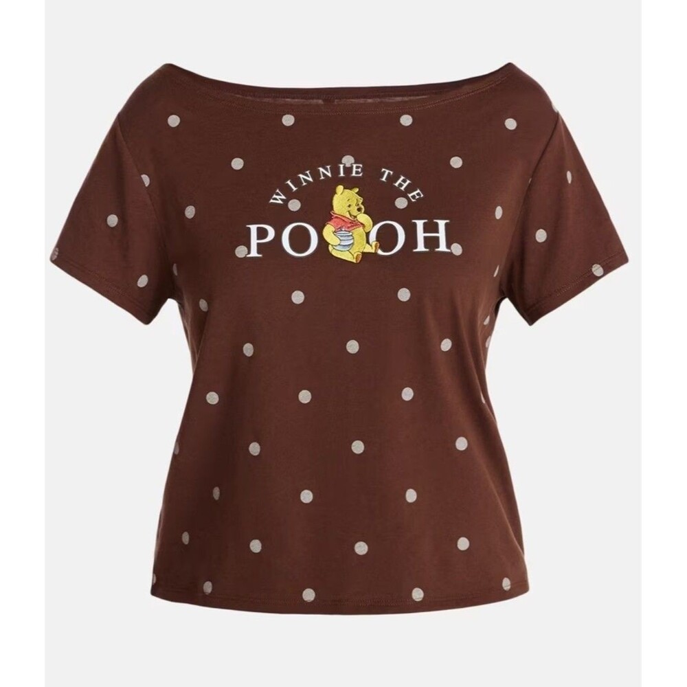 Disney Winnie the Pooh Women’s S 4-6 Brown Polka Dot Off Shoulder Shirt NWT